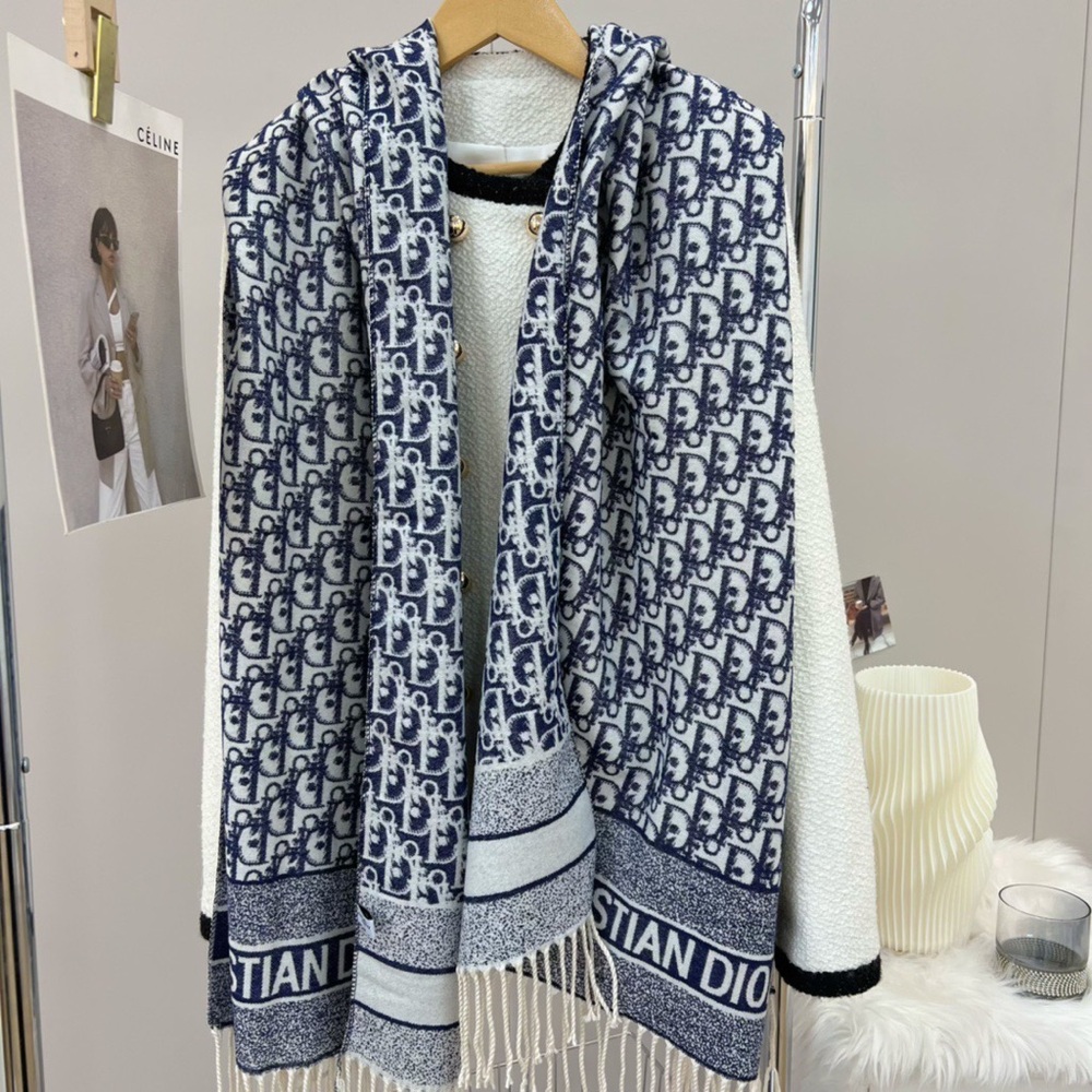 Dior Navy & White Monogram Fringe Scarf Throw - Picture 4 of 6